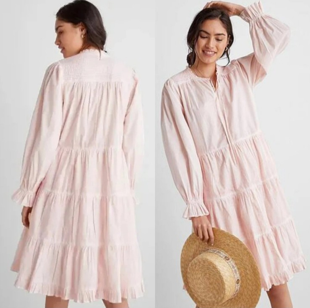 Anthropologie Othilia Desdemona Mini Dress S Pink Tiered Puffed Sleeves Pockets